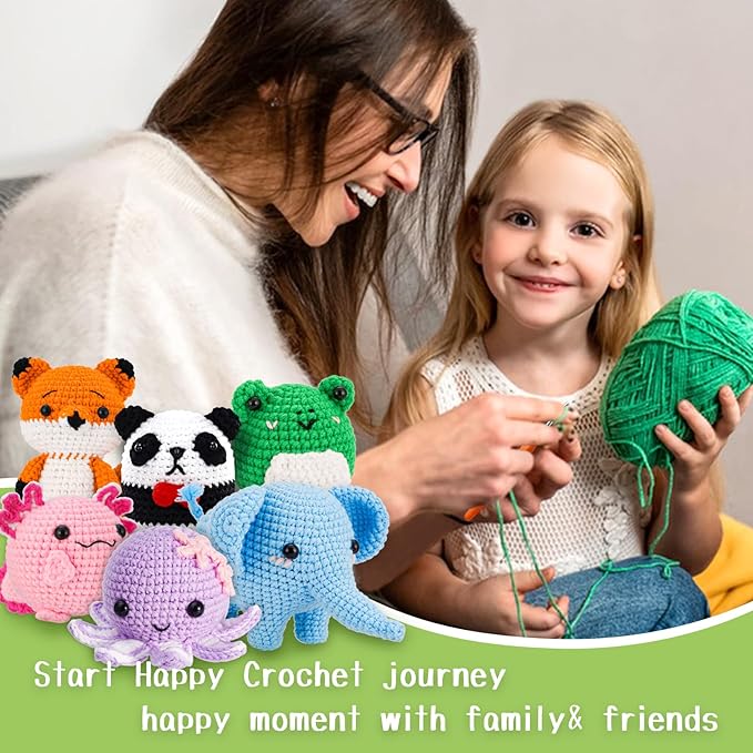 Gerute Crochet Kit for Beginners Adults Kids, Learn to Crochet with Step-by-Step Video Tutorials & Illustrated Guide, 40% More Yarn for 6 DIY Amigurumi Animal Projects, Complete Starter Supplies