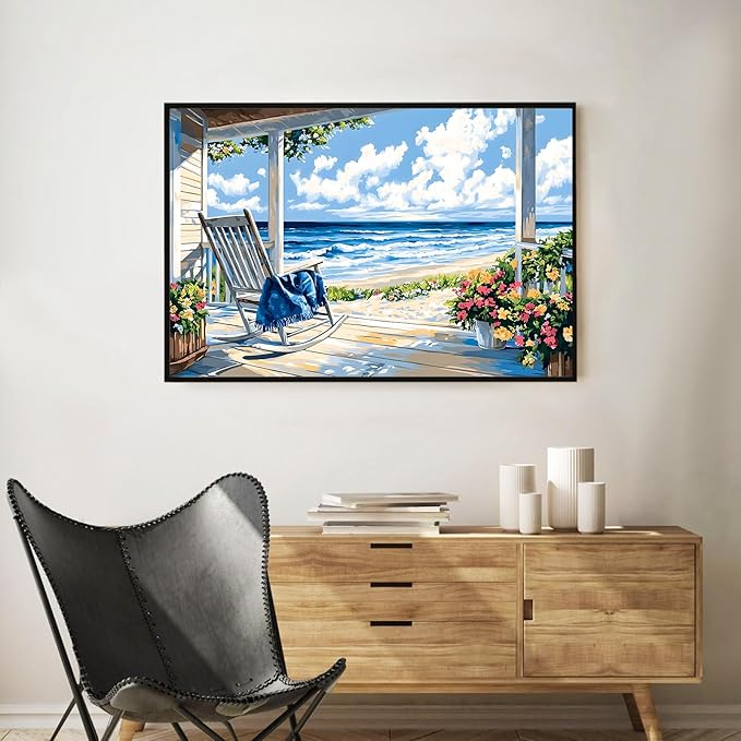 Framed Paint by Numbers Kit for Adults Beginner Seaside Scenery, Adult Paint by Number Kits on Canvas Framed, DIY Acrylic Oil Painting by Numbers with Frame, Perfect for Home Decor Gift 12 X 8 Inch