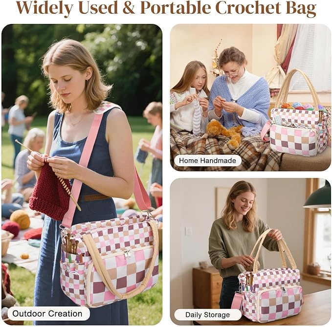 DALINDA Crochet Bag Organizer,Yarn Bag and Tote- Yarn Storage with Multiple Pockets for Crochet Supplies, Knitting Bag for Gifts,Portable & Durable(Brown)