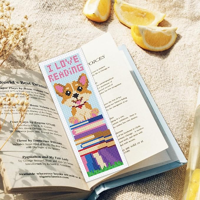 ORIGACH 6 Set Cute Dog & Book Cross Stitch Bookmark Kit for Beginner with Backing Felt Floss Instructions DIY Stamped Embroidery Bookmark Kit for Adults, Book Lovers
