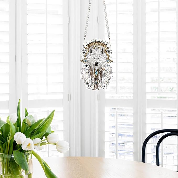 AiYuanzsh White Wolf Diamond Painting Hanging Ornament β DIY 5D Crystal Art Kit with Feathers, Tribal Totem Style Diamond Art Pendant Ornament Wall or Window Decoration for Adults