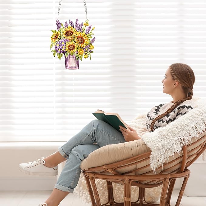 Sunflower Lavender Diamond Painting Hanging Kit, DIY 5D Special Shaped Rhinestones Acrylic Pendant, Diamond Art Hanging for Adults, Floral Window, Wall, Door and Garden Decoration, Handmade Art Gift