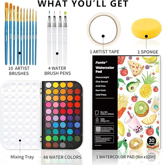 Funto Watercolor Set, 48 Color Paint Set, 10 Brushes, 30 Page Pad(9"x12"), 4 Refillable Pens & More, Painting Kit for Kids, Adults, Beginners