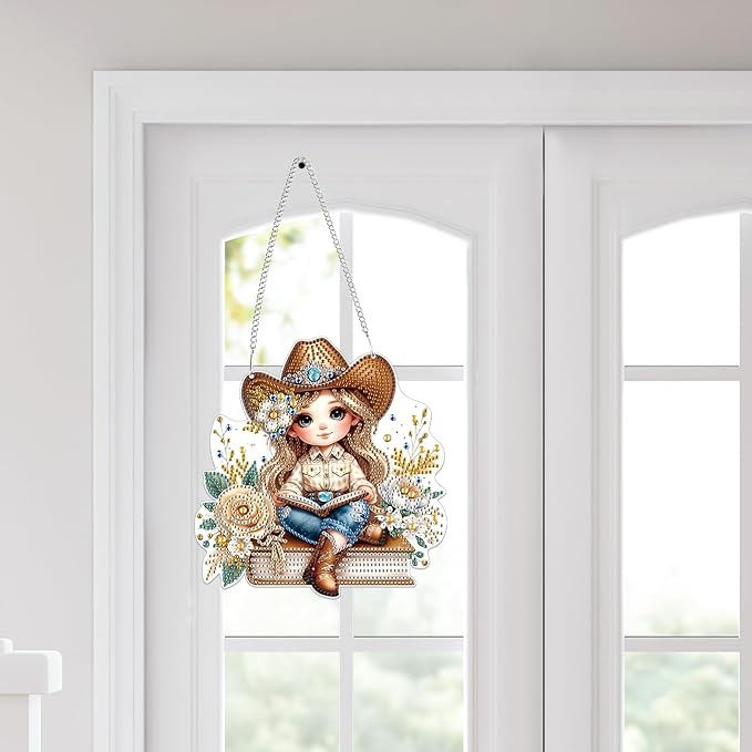 Bowetile Cow Girl Diamond Art Hanging Kits for Adults, 5D Special Shape Diamond Painting Kits, Animal Gem Art Suncatchers Painting Pendant Ornament for Home Garden Wall Decor