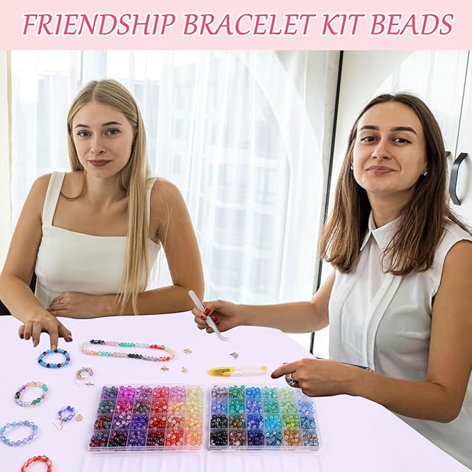 2600 PCS 6mm Crackle Glass Beads for Jewelry Making, 48 Colors Crystal Beads Bracelet Making Kit, Round Beads for Bracelets, Friendship Bracelet kit for DIY Crafts Gifts, 2 Box (Crackle Colors)