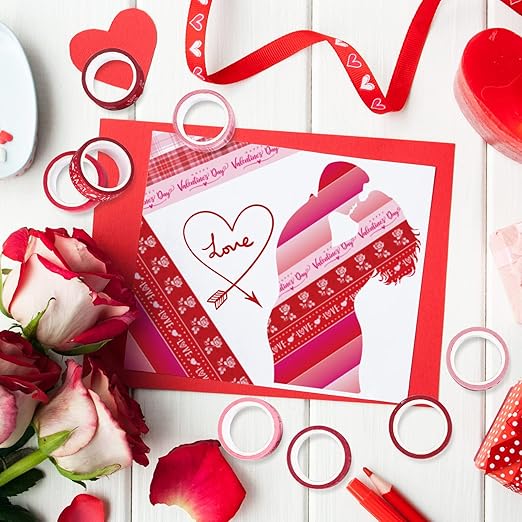 Whaline 12 Rolls Valentine Washi Tape Red Pink Heart Gnome Love Masking Tape for Wedding Scrapbook DIY Craft Gift Wrapping, 0.6" x 16.4ft