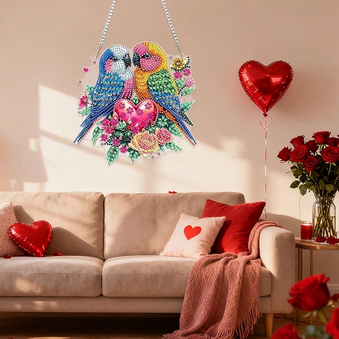 RICUVED Birds Diamond Art Hanging Kit for Adult, Special Shaped Diamond Painting Pendant Board Kit, Valentine's Day 5D Art Suncatchers Hanging Acrylic Window Ornament for Home Garden Decor