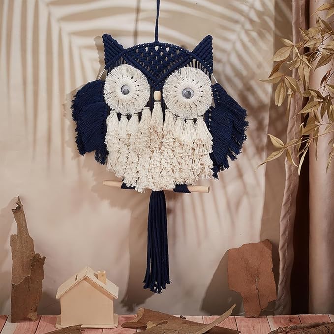 FREEBLOSS DIY Macrame Owl Kit with Video Tutorial Macrame Wall Hanging Ornament Boho Wall Hanging Decor Navy Blue&White Macrame Tapestry Gift Macrame Kit for Beginners