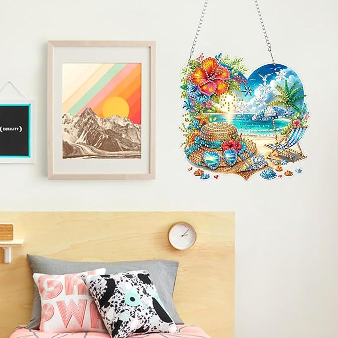ARPADAMO Hanging Diamonds Art kit for Adult,DIY Summer Beach Pendant Diamonds Painting Art Kit, 7.2x7 inch Acrylic Diamonds Painting Board Kit Ornament, Special Crystal Diamond Hanging Ornament