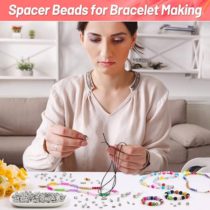 500 Pcs Bracelet Spacer Beads, Silver Bulk Random Styles Loose Spacer Metal Charm for Necklace, Earring Making DIY Jewelry Accessories