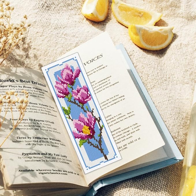 ORIGACH 6 Set Magnolia Cross Stitch Bookmark Kits for Beginner, Flowers Stamped Cross Stitch Kits with Instructions for Adults Bookmarks Lovers