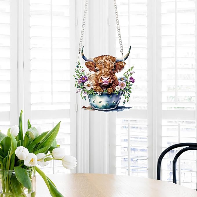 AiYuanzsh Highland Calf Diamond Art Hanging Pendant Kit, DIY Acrylic Diamond Painting Ornament with 5D Special Shaped Crystal Rhinestones, Decorative Wall or Garden Craft Gift for Adults