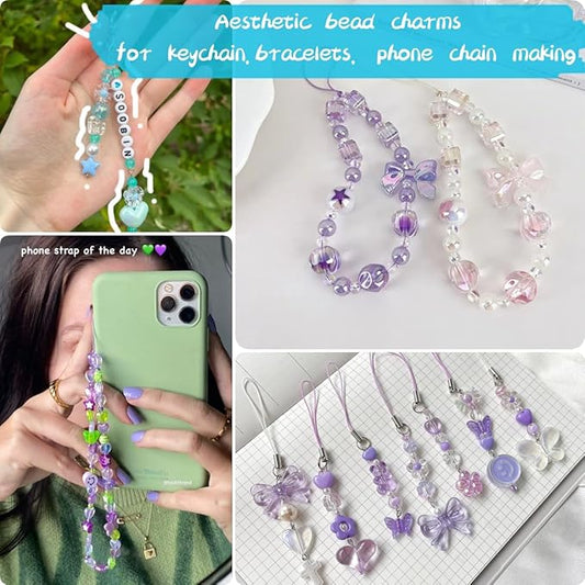 joyjellies assorted acrylic beads for bracelets keychain making kit, 8 colors 420+pcs mix cute charms set with string and clips ring flower bow heart beads crafts jewelry diy phone bag charms