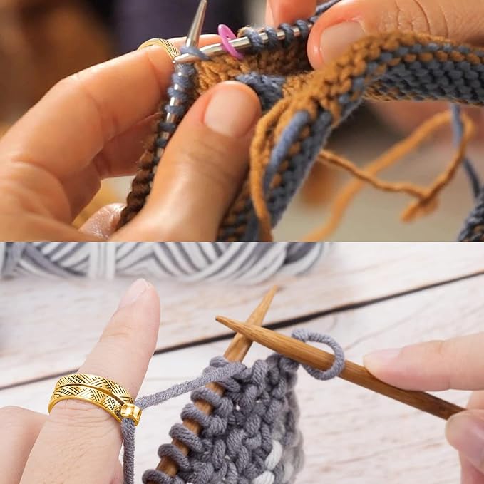Ubuymart 2 Pack Knitting Crochet Loop Ring for Fingers, Adjustable Crochet Tension Ring, Metal Open Yarn Guide Finger Holders, Knitting Thimbles for Crochet Gold