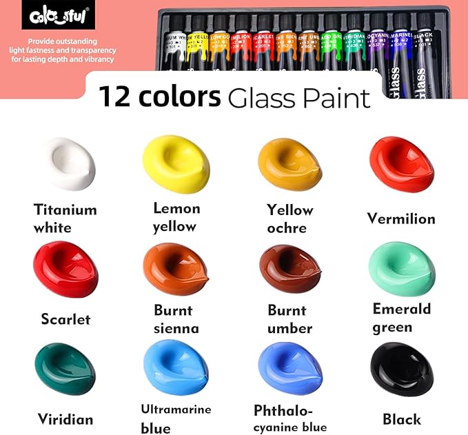 Colorful Acrylic Glass Paint Set with 6 Brushes, 1 Palette, 12 Colors Stain Glass Paints for Wine, Waterproof Acrylic Enamel Paint Kit to Create Translucent Arts on Porcelain, Window & Ceramic