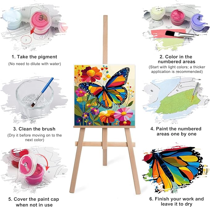 Lxmsja 4 Pack Butterfly Bloom Paint by Numbers Kit for Adults, Easy Framed Paint by Numbers for Adults Beginner, DIY Acrylic Oil Painting Craft Kits for Home Wall Decor 8x8 inch