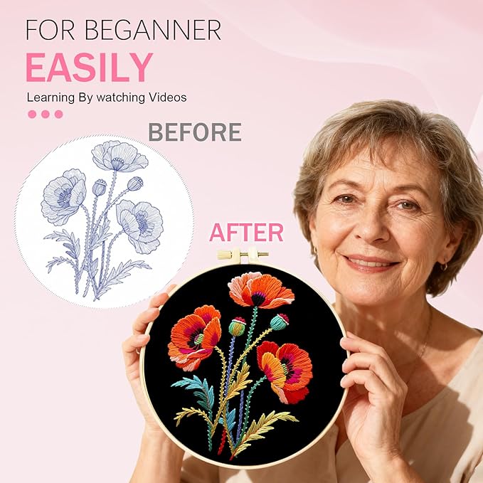 Huacan Embroidery Kit for Beginners, Flower Pre-Stamped Pattern Kits for Adults with Hoop, Easy to Follow Color Thread Needlework