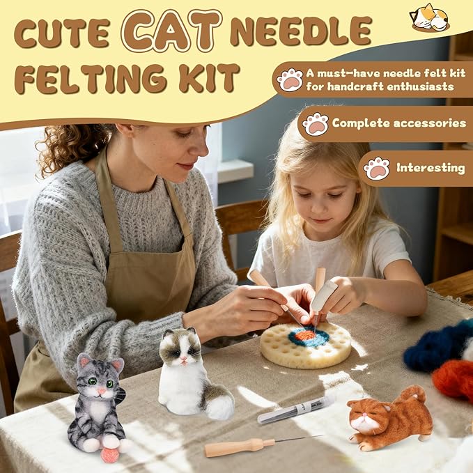 Mayboos Needle Felting Kit, 3 PCS Cat Animal Needle Felting Beginner Kits Wool Felt Needle Felting Tools with Instruction for DIY Craft Animal Home Decoration