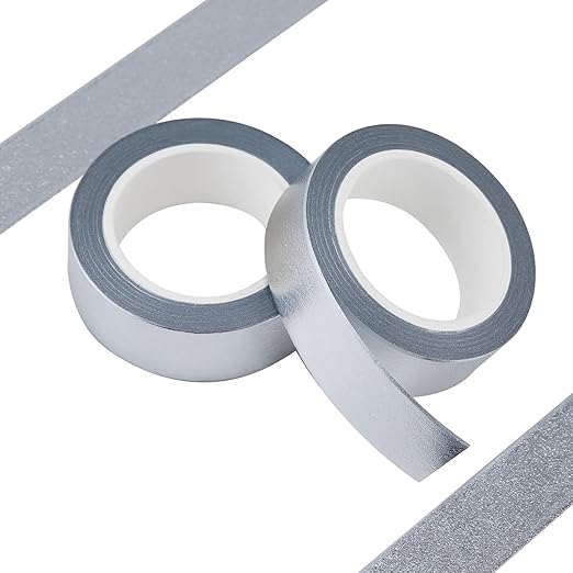 Silver Foil Washi Tape - 2 Rolls Low Tack Self Adhesive Decorative Metallic Foil Masking Tape for Crafting,Scrapbooking and Wall Decor Decorative 0.59in x66FT