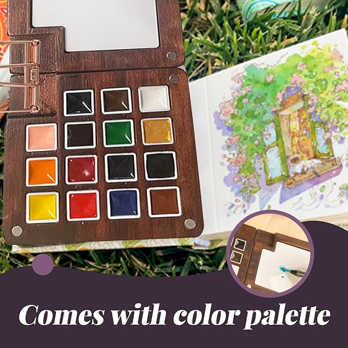 15 Gauge Acrylic Mini Palette, Mini Watercolor Palette Set, Pocket Artist Watercolor Travel Set, Portable Watercolor Palette Box Set with Brushes, Clips, Sketchbook, Paints, Storage Bag (C)