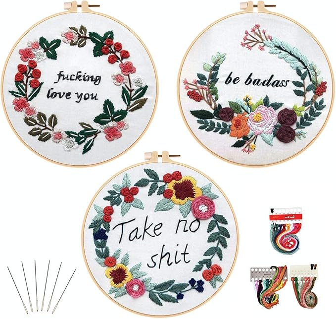 Louise Maelys Embroidery Starter Kit with 3 Hoops for Adults Funny Floral Wreath Pattern for Beginners Needlepoint Kits