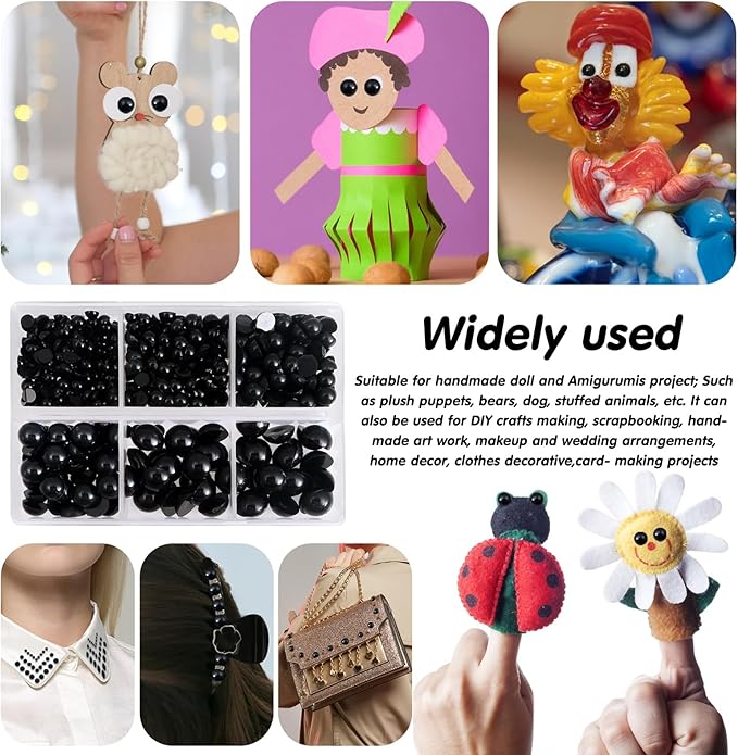 TOAOB 500pcs Round Black Plastic Doll Eyes 4mm 5mm 6mm 8mm 10mm Flatback Cabochon Button Eyeball Beads for Stuffed Animals Amigurumis Crochet Bears Crafts Making