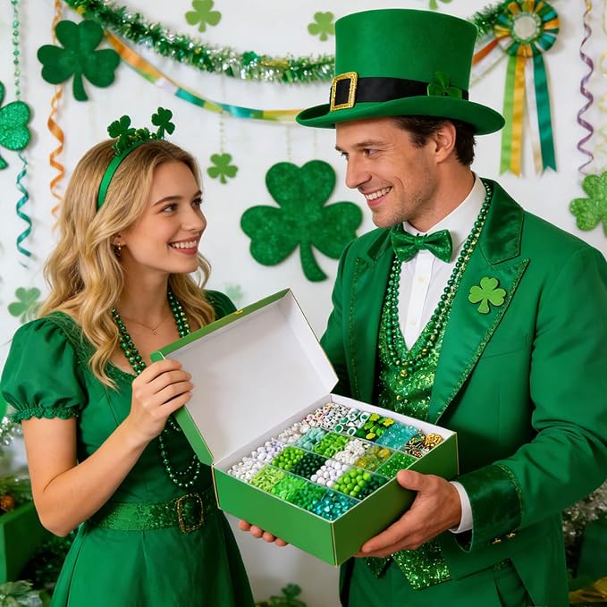 2050+Pcs St. Patricks Day Jewelry Making Kit – Irish Shamrock & Four Leaf Clover Charms Green Polymer Clay Heishi Acrylic Round Beads for DIY Bracelets Necklaces Earrings Craft - Party Favors & Gifts