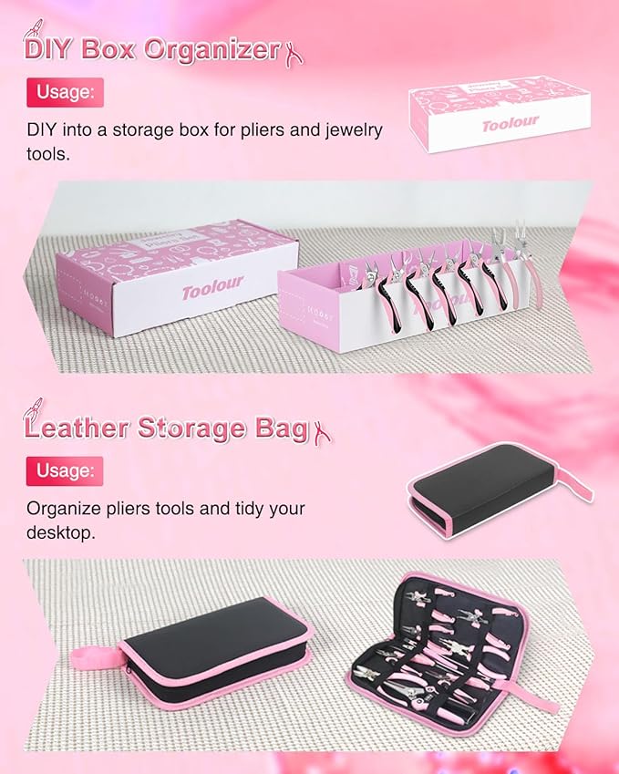 Toolour Jewelry Pliers Set Jeweler Making Tools with 6 Rolls Beading Wire Kit for Jewelry Supplies DIY Hobby Repair Crimping Wrapping,Pink Professional Craft Pliers for Adults Beginner