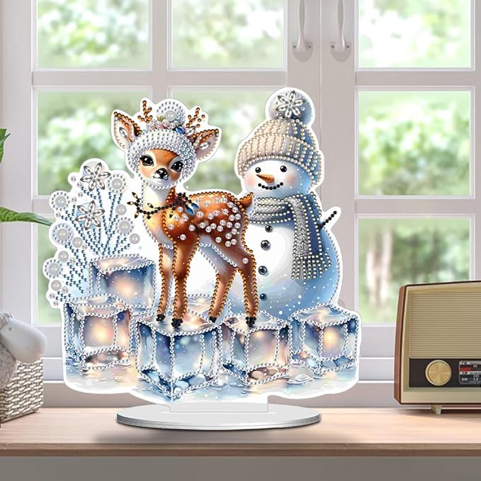 LAKEQUILL Christmas Desktop Diamond Art Kit for Adults Christmas,DIY Stand Up Double Sided Special Shaped Diamond Art Desktop Ornaments for Home Office (Adorable Snowman Fawn)