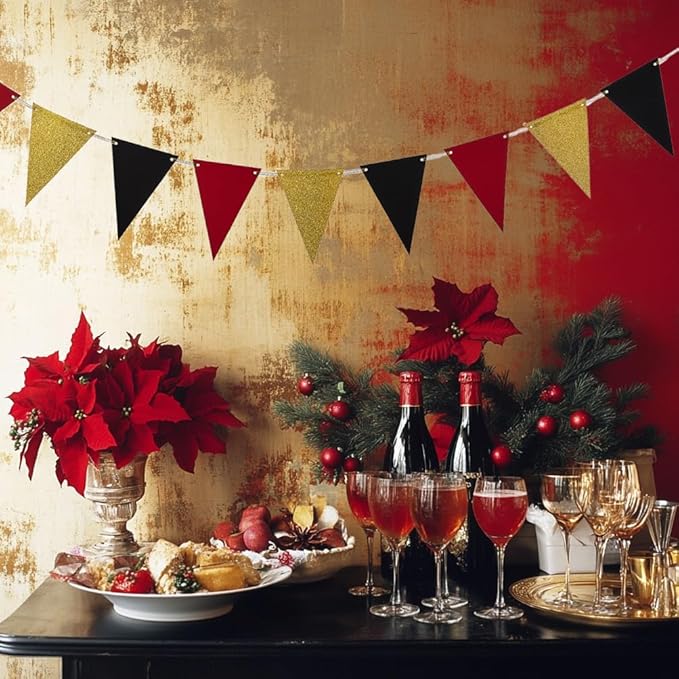 MOWO Gold Black and Red Pennant Banner Paper Bunting Hanging Decoration for Birthday Graduation Retirement New Year's Valentine's Day Party, Pack of 30 Counts Pennant, 20 feet