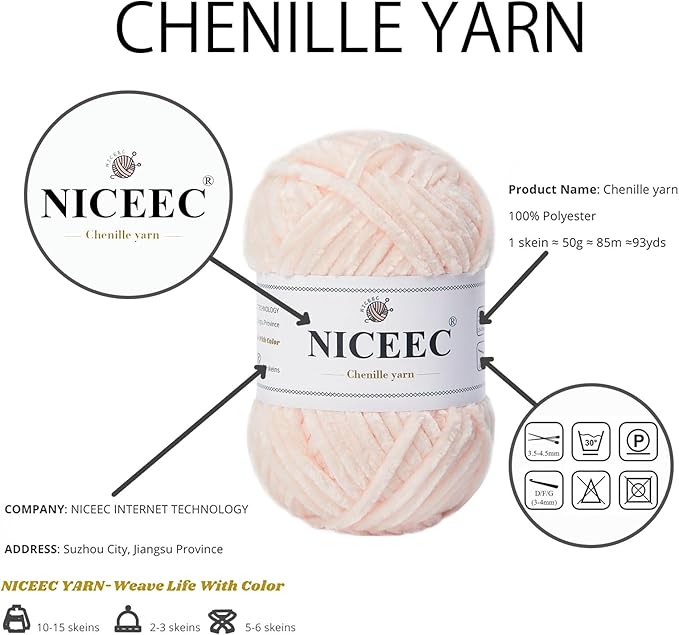 NICEEC 3 Skeins Soft Chenille Yarn Blanket Yarn for Knitting Fancy Yarn for Crochet Weaving DIY Craft Total Length 3×85m (3×93yds, 3×50g)_Skin