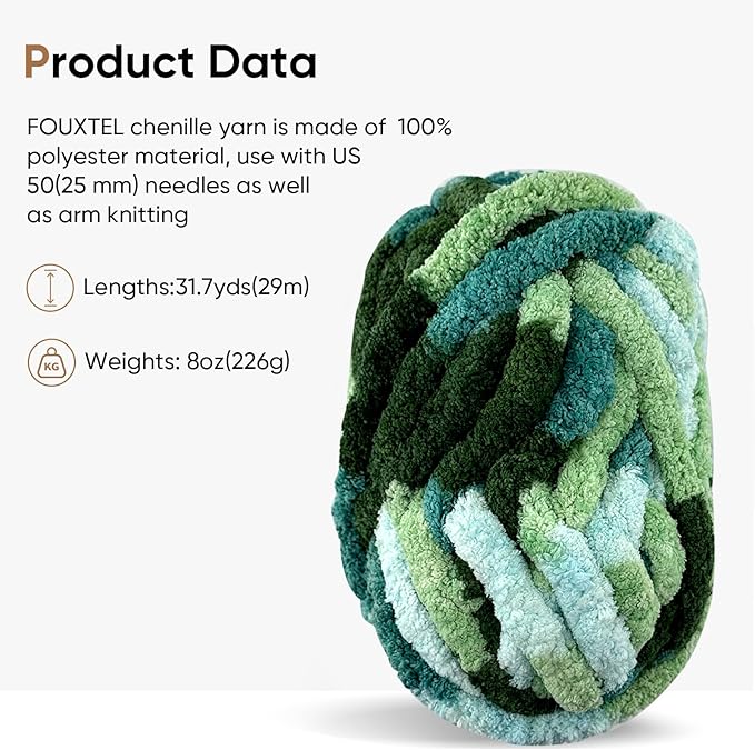 8 Jumbo Packs Chunky Chenille Yarn for Crocheting, 31.7 yds, 8 oz Each Skein Bulky Thick Fluffy Yarn for Knitting, Super Bulky Chunky Yarn for Hand Knitting Blanket, Soft Plush - Muti Green