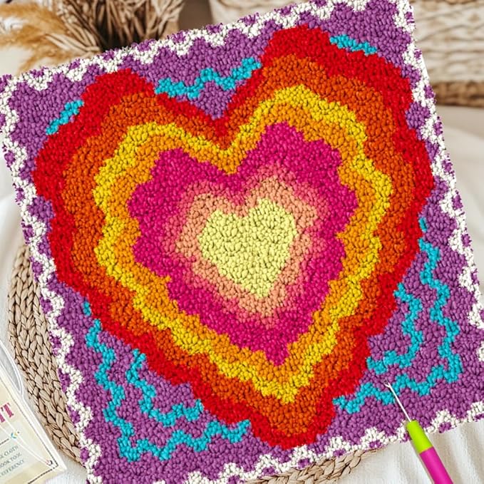 ORIGACH Love Rainbow Latch Hook Rug Kit for Adults Printed Rug Making Kit Handmade Carpet Tapestry Cover with Hook Latch and Preprinted Canvas, Home Arts Crafts Sofa Decor, 17.72x17.72inch