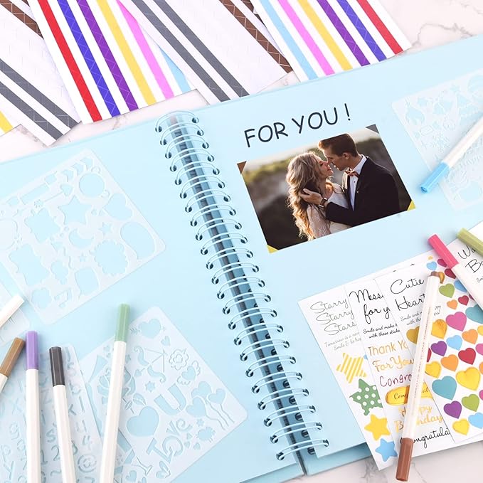 GOTIDEAL 12 x 12 Inch Scrapbook Album with 10 Metallic Markers,80 Pages Craft Paper Photo Album for Wedding and Anniversary, Family DIY Photo Album with Scrapbooking Stickers Corners(Blue)