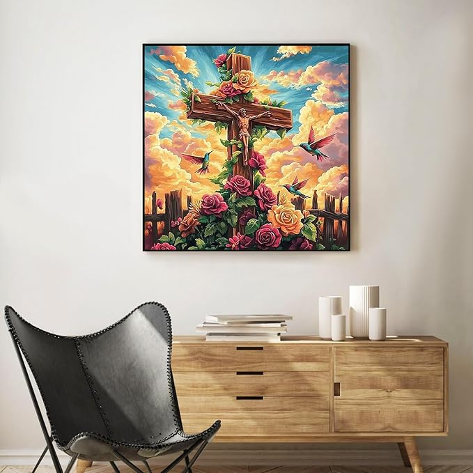 Paint by Numbers Kit for Adults Beginner Religious Cross, Flower Adult Paint by Number Kits on Canvas, Jesus DIY Acrylic Oil Painting by Numbers for Adults, Perfect for Home Wall Decor 16X16 Inch