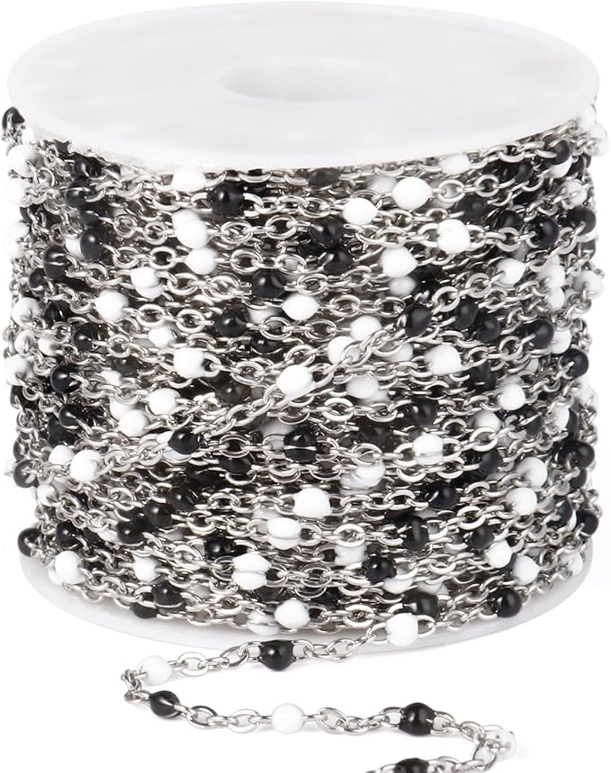 33 Feet Stainless Steel Enamel Chains Bulk, 2mm 304 Stainless Steel White Black Enamel Beaded Cable Link Chain Roll Spool for Jewelry Making