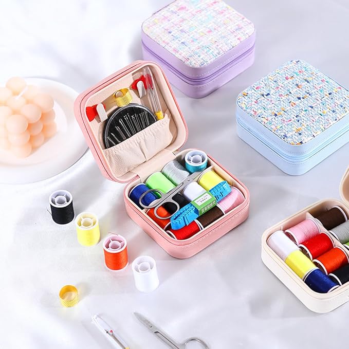 Mini Sewing Kit in Stylish Leather Case – Complete Set with Scissors, Needles, Thread, Needle Threader, Thimble & More – Perfect for Beginners & Travel (Purple)