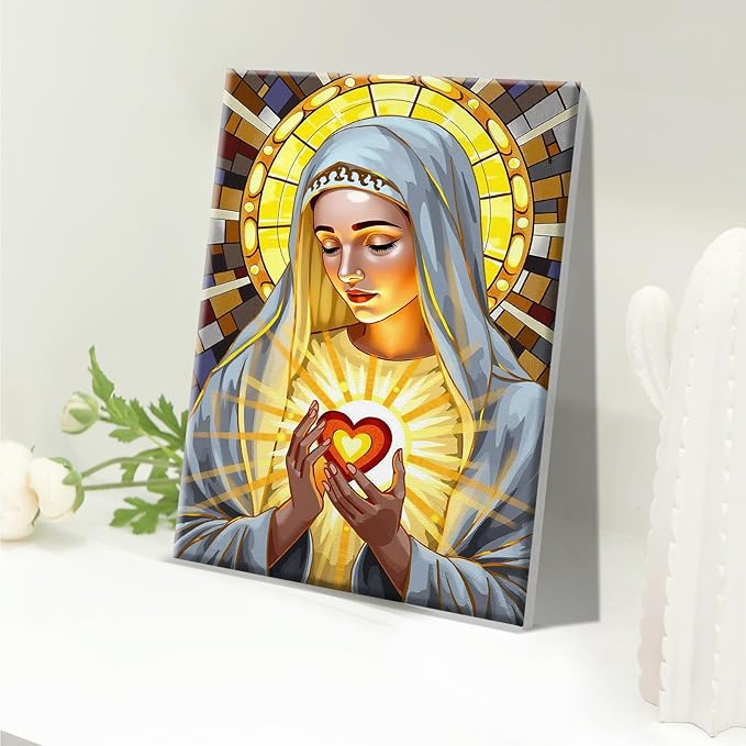 JOOZ Virgin Mary Paint by Numbers Kit for Adults with Frame Religion Paint by Number with Easel Adult Paint by Number Kits Framed Canvas Oil Painting Kits for Home Wall Decor 8x12 Inch