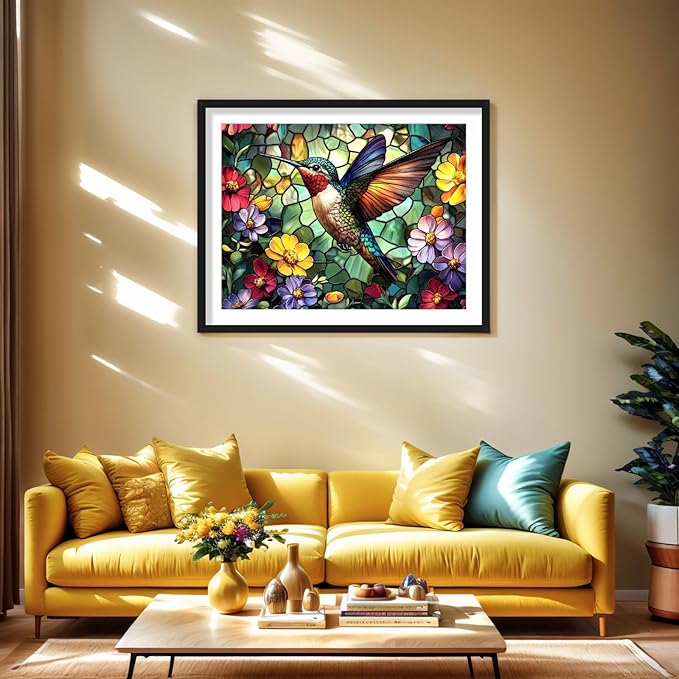Hummingbird Diamond Art Paintings Flowers 5D Diamond Painting Kits for Adults Beginners DIY Stained Glass Diamond Art Kits Full Drill Gem Art Crafts for Adults Bird Wall Art Decor Gift 16x12 Inch