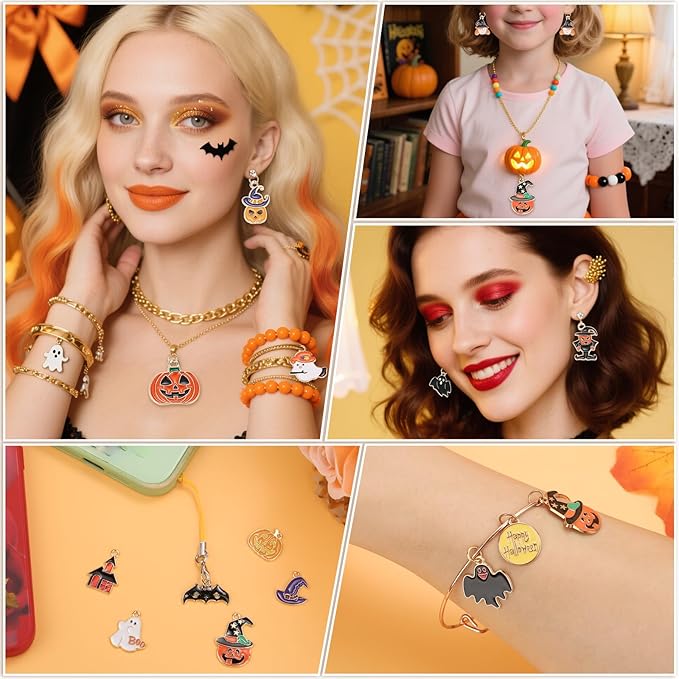 100Pcs 50 Pairs Halloween Charms for Jewelry Making and Bracelets, Gold Enamel Jewelry Pendants for Halloween Earring Bracelet Necklace Craft Making