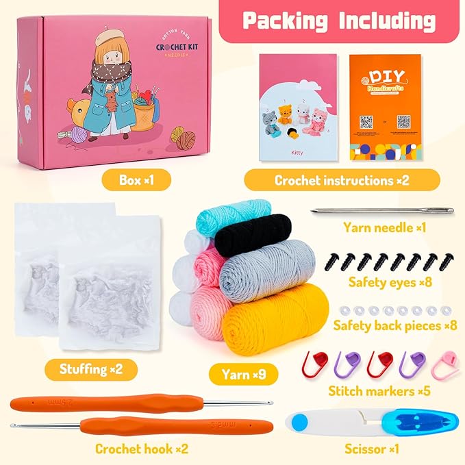 fortuning's jds crochet kit for beginners - cat crochet kit with step-by-step video tutorials, learn to crochet kits for adults, 4 pcs crochet animals cat with hat, toy, fish crocheting set