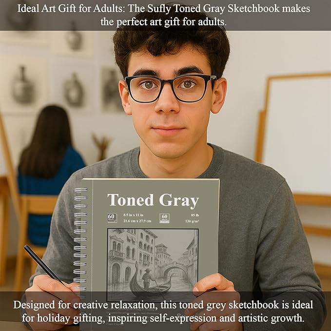 sufly toned gray sketchbook 8.5" x 11" - 60 sheets spiral bound artist drawing pad, 85lb/130gsm toned gray paper for graphite, charcoal, colored pencils and gel pens.