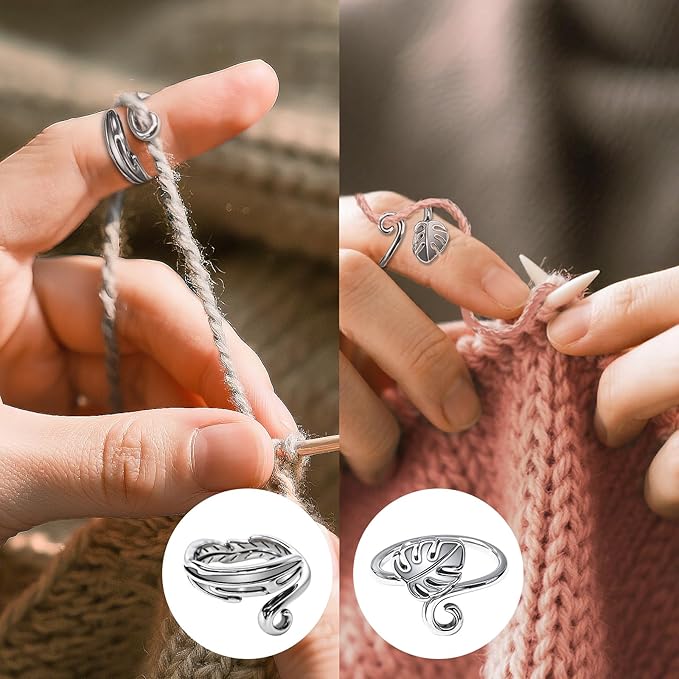 Yarn Tension Rings Adjustable Crochet Tension Ring for Finger Yarn Guide Ring for Crocheting Knitting Ring Crochet Accessories 4PCS (2 Pcs Leaves 02)