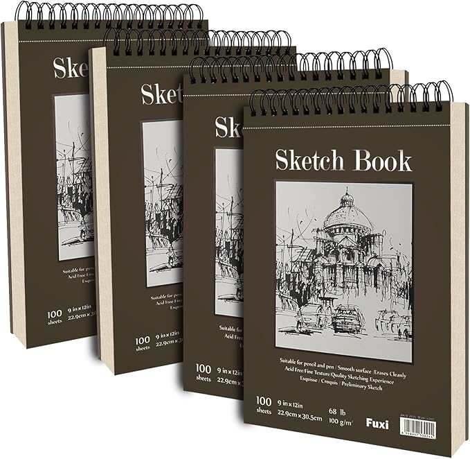 9 x 12 inches sketch book, top spiral bound sketch pad, 4 pack 100 sheets each (68lb/100gsm), acid free art sketchbook artistic drawing painting writing paper for kids adults beginners artists