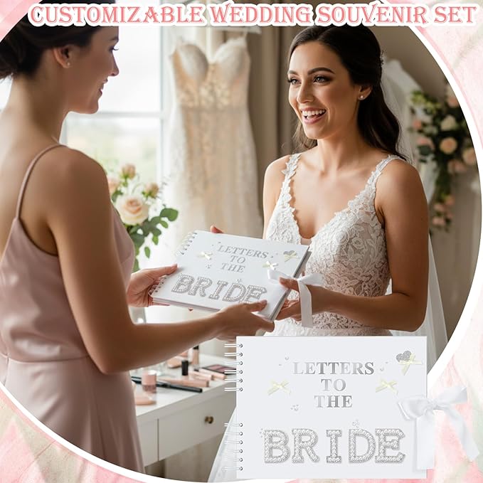 Fuyoooo 11.5 x 8.5 Inch Letters to The Bride Scrapbook Wedding Memory Book Bridal DIY Blank Paper Scrapbook Photo Album Guest Book Sign with Pearl Stickers, Metallic Letters, Bows (White)