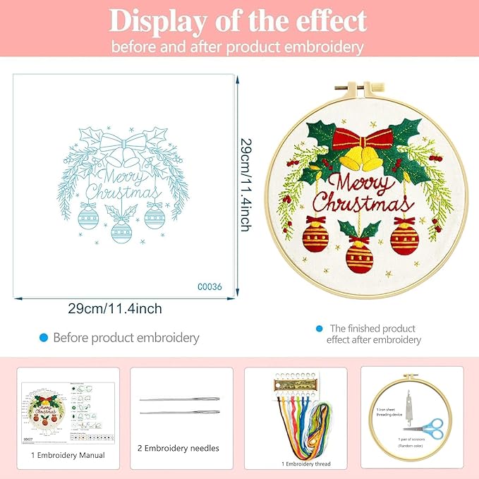 Zhenqing Christmas Bells Embroidery Kit - 29x29cm Printed Fabric, Hoop & Tools for Beginners(C0036)