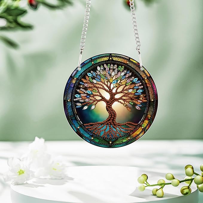 AiYuanzsh Tree Diamond Painting Hanging Kit, DIY 5D Acrylic Pendant Ornament, Special Shaped Crystal Diamond Art Hanging Kits for Wall, Door, or Garden, Adult Craft Gift