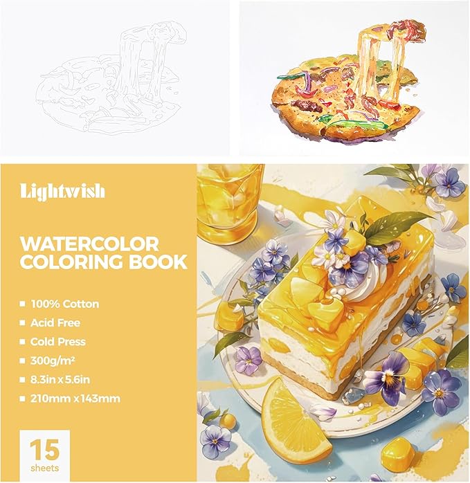 Lightwish Watercolor Coloring Book for Adults & Beginners,100% Cotton 300gsm/140lb Acid-Free Cold Press Paper, 8.3 x 5.6 Inches,15 Sheets,Food-Themed