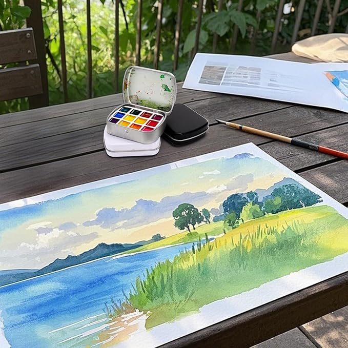 9 Pcs Mini Watercolor Tin Box, 12-Well Portable Paint Palette with Lid, Empty Metal Watercolor Storage Case, Paint Container for Artist Travel Indoor & Outdoor Sketching DIY Craft, 3 Color