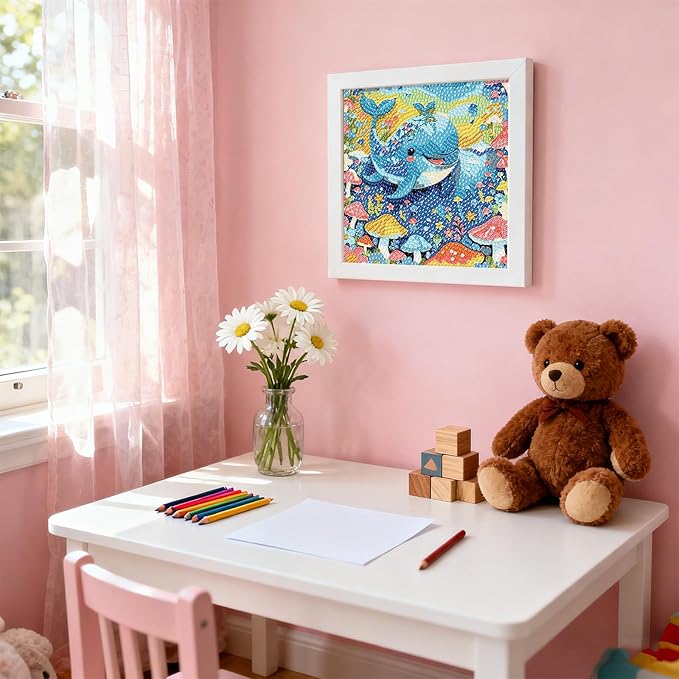PERFECTSIGHT Cute 5D Diamond Art Kits with Wooden Frame, Kawaii DIY Painting Art for Adults Teen, Diamond Arts and Crafts Sets, Big Gem Full Drill Diamond Dots for Women Beginners (Whale)